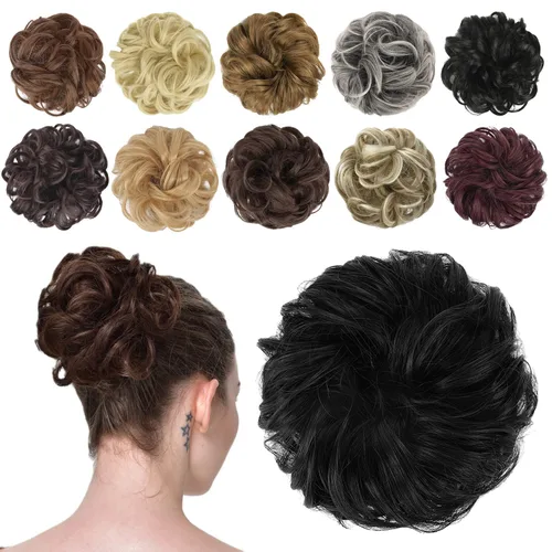 FESHFEN Pieza de Cabello de Moño Desordenado - Extensiones de Coletas Elásticas Onduladas Rizadas con Moño Sintético Chignon para Mujeres y Niñas,