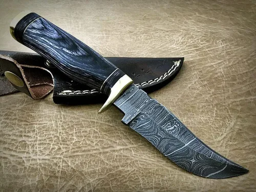 Miniatura 9 de Cuchillo de hoja fija de acero de Damasco con funda de cuero, escala de madera redonda con protector de dedo de latón y tapa, cuchillo de piel de 8
