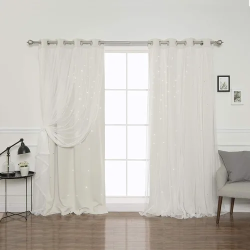 Miniatura 31 de Best Home Fashion Par de cortinas opacas con revestimiento de tul y corte láser, paneles de ventana con ojales plateados para dormitorio, habitación