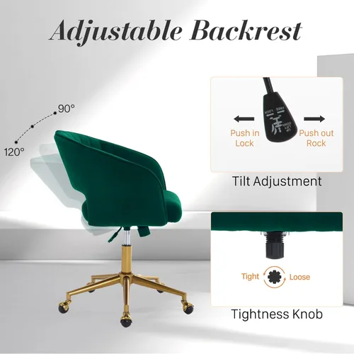 Miniatura 4 de Silla de escritorio giratoria para oficina en casa, moderna silla de escritorio de terciopelo, sillón de altura ajustable con base dorada, silla