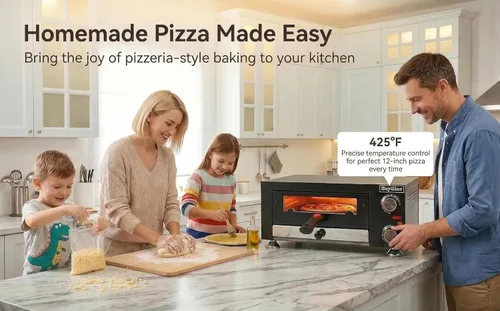 Miniatura 3 de Horno eléctrico para pizza en interiores, máquina de pizza de encimera de 12 pulgadas con ventana de visión, horno de pizza comercial de acero Negro