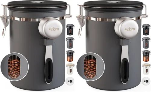 Miniatura 16 de Veken Recipiente de café con ventana, recipiente hermético de almacenamiento de alimentos de cocina de acero inoxidable con tapas, rastreador
