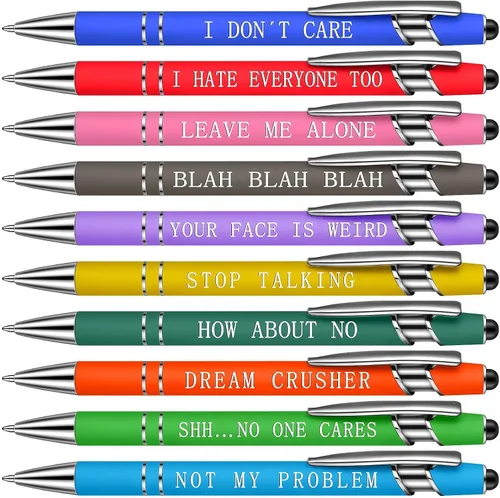Jxueych 10 bolígrafos motivacionales con citas sarcásticas, regalos de oficina, 2 en 1, elegante lápiz capacitivo de metal para pantallas táctiles,