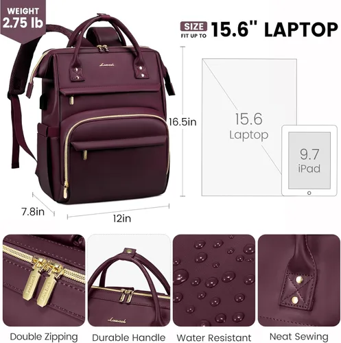 Miniatura 5 de LOVEVOOK - Mochila para laptop para mujer, mochila de moda para mujer.., Rojo vino, 15,6 pulg., Mochilas de viaje