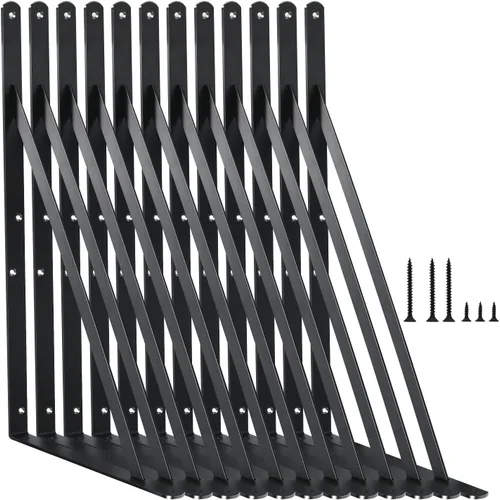 Miniatura 27 de Paquete de 16 soportes de estante resistentes negros de 20 pulgadas de largo x 12 pulgadas de alto con tornillos, soportes de estante de metal