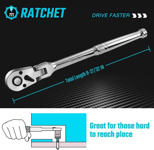 Miniatura 6 de DURATECH Manija de trinquete de 3/8 pulgadas con cabeza flexible, llave de trinquete de 72 dientes, de liberación rápida, interruptor reversible