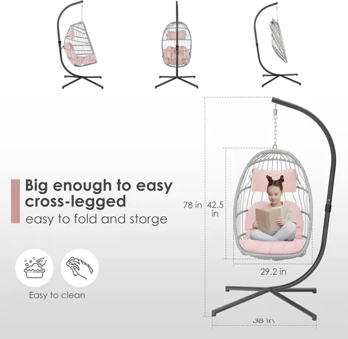 Miniatura 2 de Brafab Silla de huevo rosa con soporte para interior y exterior, silla colgante de mimbre para patio con soporte, silla de hamaca de huevo con cojín