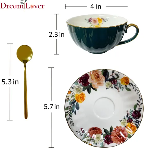 Miniatura 3 de A-SZCXTOP Taza de té de porcelana, juego de 2 tazas de café expreso (8 onzas) con platillos y cucharas, caja de regalo, juego de tazas de café