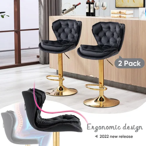 Miniatura 7 de SLEERWAY Juego de 2 taburetes de bar giratorios modernos, sillas de bar de terciopelo para mostrador de cocina, taburetes de bar dorados, taburetes