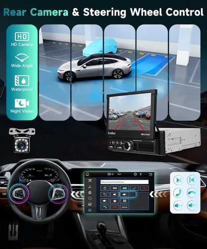 Miniatura 7 de Estéreo de coche de un solo DIN con Carplay inalámbrico Android Auto, pantalla táctil motorizada de 7 pulgadas con Bluetooth Radio de coche