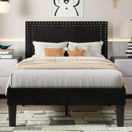 VECELO Base de cama de plataforma de tamaño individual con cabecera tapizada de altura ajustable, base de colchón moderna, soporte de listones de