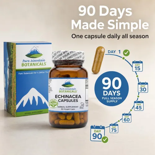Miniatura 5 de Pure Mountain Botanicals Cápsulas de equinácea - Raíz orgánica de Angustifolia - 420 mg - 90 cápsulas - Suministro para 90 días - Suplemento Kosher