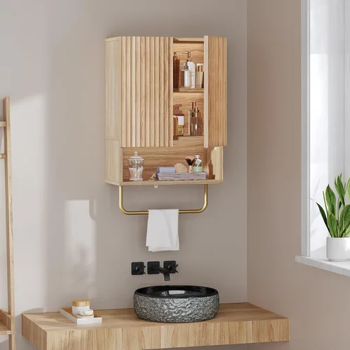 Miniatura 3 de MAHANCRIS Armario de pared para baño, botiquín montado en la pared con toallero y estante ajustable, gabinete de almacenamiento para ahorrar espacio