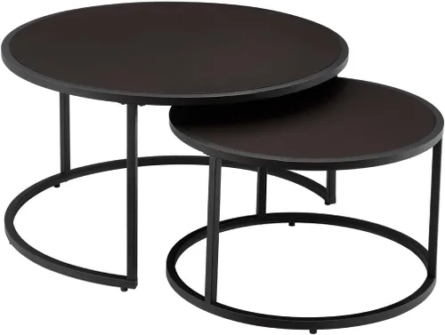Miniatura 3 de 24KF Moderna mesa de centro redonda de piel sintética con base de metal negro, mesa de té decorativa para sala de estar, juego de 2, color marrón