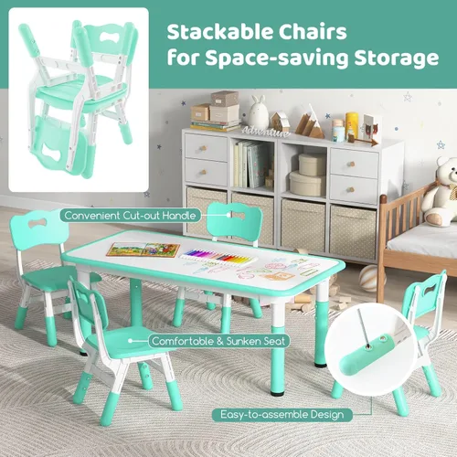Miniatura 4 de Costzon Juego de mesa y 4 sillas para niños, escritorio y sillas para niños pequeños de altura ajustable con escritorio de graffiti, patas Verde