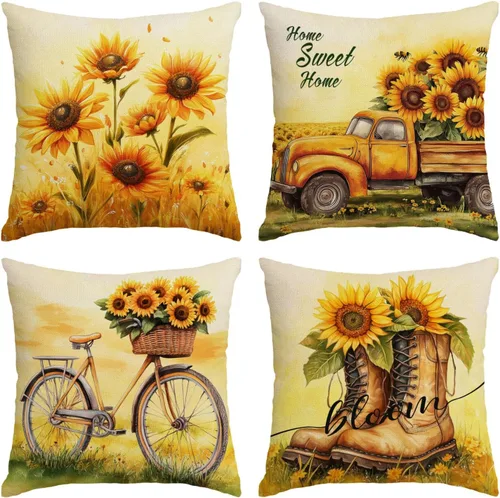 Juego de 4 fundas de almohada decorativas de girasol de 12 x 12 pulgadas, fundas de almohada cuadradas de lino, fundas de almohada cuadradas de lino