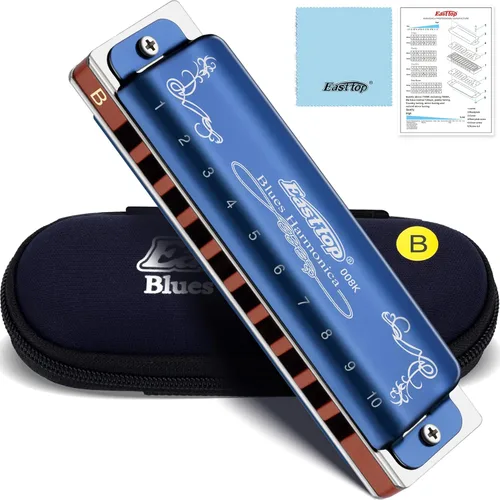 Miniatura 14 de East top - Armónica llave de C, armónica de 10 agujeros 008K diatónica con estuche azul, armónica estándar para adultos, profesionales, Azul-C