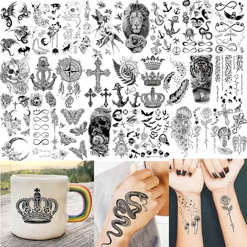 Miniatura 5 de VANTATY 61 hojas de tatuajes temporales 3D de serpiente y flores para mujeres y niñas, tatuajes para el cuello y el brazo, 12 hojas de tatuajes
