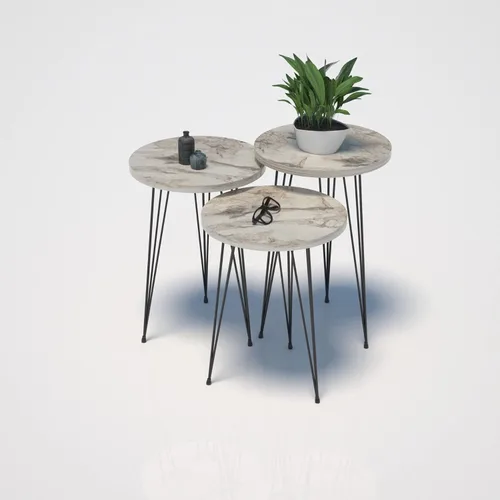 Miniatura 4 de Juego de 3 mesas auxiliares anidables de mármol blanco, mesas auxiliares redondas de madera apilables con patas de metal para sala de estar, oficina