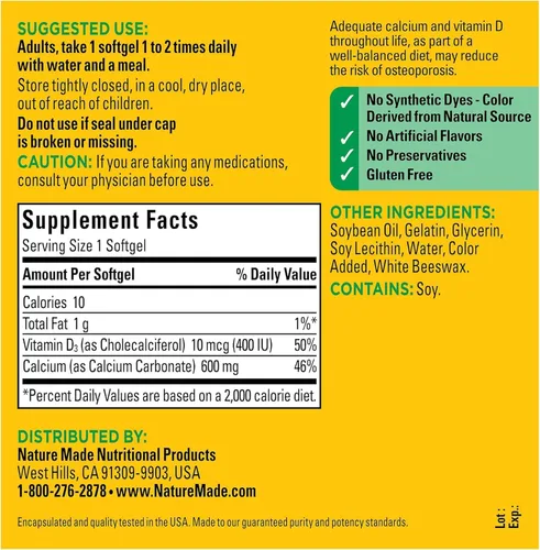Miniatura 4 de Nature Made Calcio 600 mg con vitamina D cápsulas blandas líquidas 100 ea (paquete de 2)