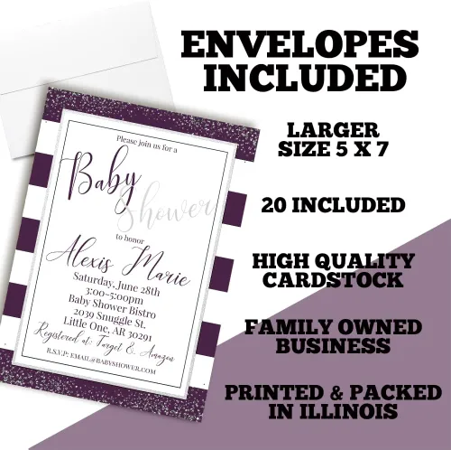 Miniatura 6 de Baby Shower personalizado invita a una invitación de baby shower plateado y morado, 20 invitaciones de ducha personalizadas de 5 x 7 pulgadas