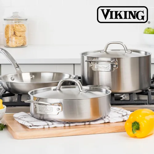 Miniatura 6 de Viking Olla de acero inoxidable de 5 capas, olla de cocina de sopa de 6 cuartos de galón con tapa, utensilios de cocina, acabado satinado
