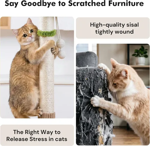 Miniatura 5 de WOOCHPET Rascador para gatos de interior de 35 pulgadas de alto, rascador de sisal para gatos con juguete de ratón y bolas de pista, base de madera