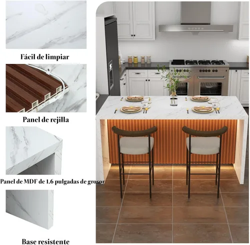 Miniatura 6 de Mesa de comedor grande de mármol de imitación de 63 pulgadas para 4-6 personas, mesa de isla de cocina con luces LED, mesa de comedor de cocina