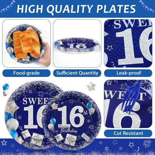 Miniatura 3 de gisgfim 96 Piezas Platos y Servilletas de Cumpleaños 16 Suministros para Fiestas Dulces 16 Juego de Vajilla para Fiestas Azul Plateado Decoraciones