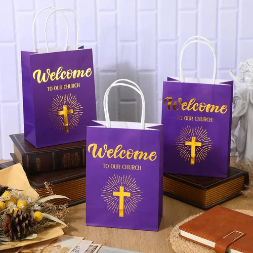 Miniatura 4 de Chuangdi 50 bolsas de regalo de bienvenida a la iglesia, bolsas de papel cristiano con asas para invitados, día de la madre, baby shower, Púrpura