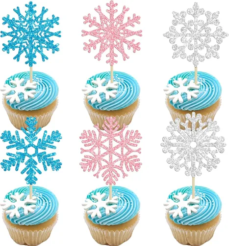 Miniatura 13 de 24 piezas de adornos para cupcakes de copo de nieve, copo de nieve azul con purpurina, adornos para cupcakes de invierno, adornos para pasteles