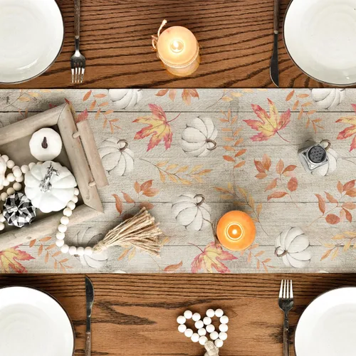Miniatura 7 de Artoid Mode Camino de mesa de otoño de madera beige con hojas de arce, decoración de mesa de comedor de cocina de otoño de temporada para decoración