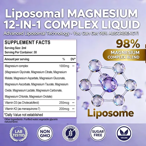 Miniatura 6 de Complejo de magnesio 12 en 1, suplemento de 1000 mg para mujeres y hombres, magnesio líquido de alta absorción con citrato de glicinato, malato