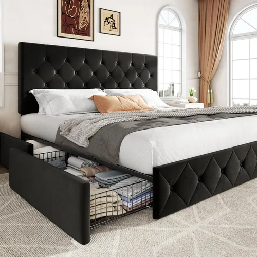 Miniatura 26 de Allewie - Base de cama tapizada de tamaño Full con plataforma, con 4 cajones de almacenamiento y cabecero, diseño cosido en cuadrados con botones