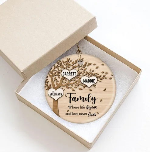 Miniatura 3 de Family Where Life Begins and Never Ends - Adorno de Navidad personalizado de cerámica de 3 pulgadas con caja de regalo (2 nombres)