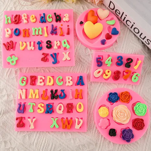 Miniatura 5 de Moldes de letras del alfabeto, 5 piezas de letras y números, forma de corazón, flores, molde de silicona para fondant de chocolate, arcilla