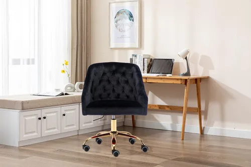 Miniatura 4 de Silla moderna de escritorio para oficina en casa con ruedas, giratoria, altura ajustable de terciopelo, sala de estar, dormitorio (negro)