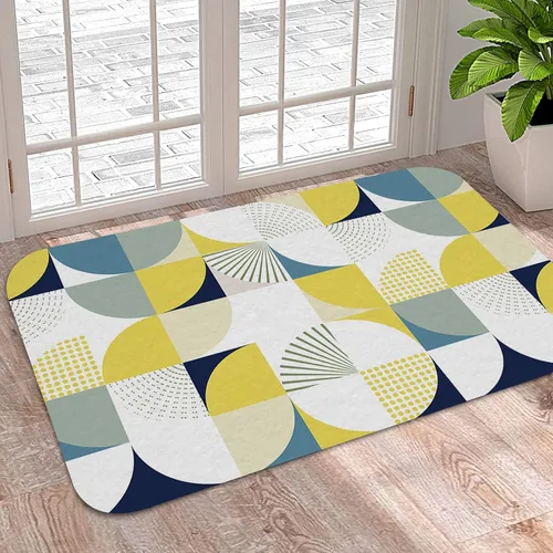 Tapete de baño antideslizante, estilo nórdico, amarillo y blanco, tapete de medio círculo absorbente de agua, tapete de cocina moderno de arte
