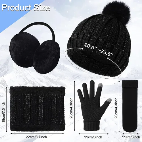 Miniatura 2 de 5 Pieces Women Winter Ski Outing Set, Knit Hat Scarf Gloves Earmuffs Stockings