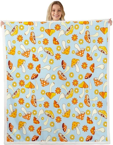 Miniatura 5 de Manta de vellón Kawaii Mushroom Boho – Hippie Groovy Floral Sherpa Queen – 60s 70s Retro Vintage Theme Throw – Chic Daisy Flower Plush Geometric