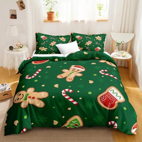 Miniatura 27 de Herside Juego de funda de edredón de Navidad, tamaño Queen, colorido patrón navideño impreso, bonita decoración navideña, microfibra suave, funda
