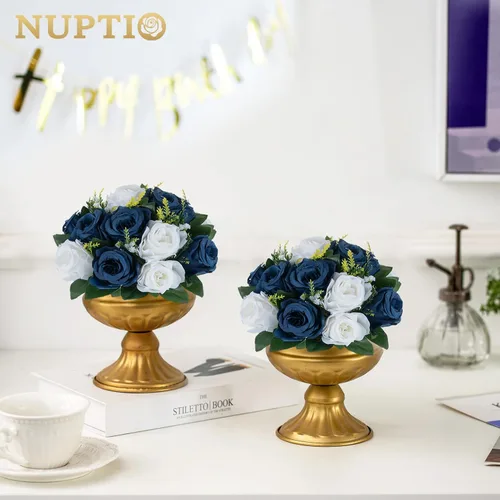Miniatura 5 de NUPTIO Centros de Mesa de Flores Artificiales para Mesas - 2 Piezas de 9.5 Pulgadas de Diámetro Bolas de Flores Falsas Rosas Azul Marino y Blanco