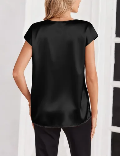 Miniatura 4 de Zeagoo - Camisetas de mujer de satén de seda, tops de manga corta con cuello en V, blusas para negocios y conjuntos casuales, talla S-2XL