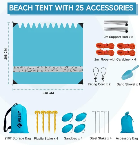 Miniatura 7 de Villey Tienda de campaña de playa con protección UPF50+, parasol portátil de 8 x 7 pies con 2 postes de estabilidad, 8 clavijas de tierra, 4 sacos