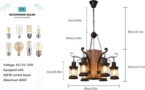 Miniatura 5 de OUKANING Lámpara colgante de madera envejecida, estilo retro, rústica, línea de luz de techo de suspensión industrial que se puede ajustar para mesa