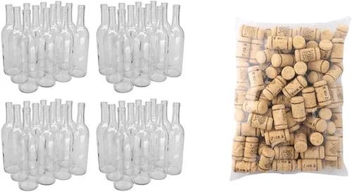 North Mountain Supply Botella de vino Burdeos de vidrio de 25.4 fl oz, acabado de corcho de fondo plano, 48 botellas y bolsa de corchos de vino