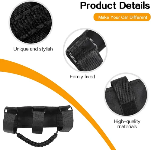 Miniatura 6 de Hoolcar 4 asas de agarre de barra antivuelco, asas de agarre de paracaídas compatibles con Jeep Wrangler YJ TJ JK JKU JL JLU y Gladiator JT Negro