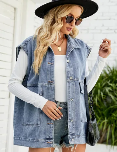 Miniatura 4 de Huaqiao Chaleco de mezclilla para mujer, chaqueta media larga, chaleco sin mangas con bolsillos