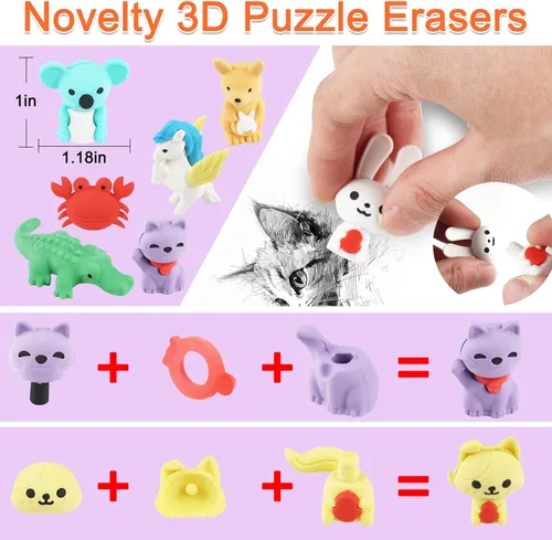 Miniatura 8 de URSKYTOUS 80 borradores de animales de escritorio para niños, borradores de lápiz, mascotas de escritorio, borradores de rompecabezas 3D
