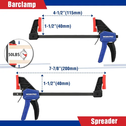 Miniatura 2 de WORKPRO Juego de 8 abrazaderas para carpintería, paquete de 4 abrazaderas de mini barra de 4-1/2 pulgadas y 4 abrazaderas de resorte, Azul